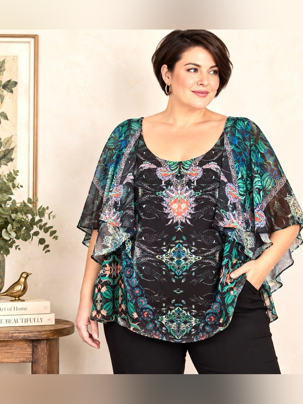 City Chic Dark Floral Chiffon Flutter Sleeve Embellished Blouse 1X
